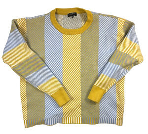 Frnch Paris Vertical Striped Knit Sweater Crewneck Mustard Yellow blue S/M